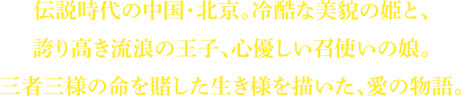 伝説時代の中国・北京。冷酷な美貌の姫と、誇り高き流浪の王子、心優しい召使いの娘。三者三様の命を賭した生き様を描いた、愛の物語。